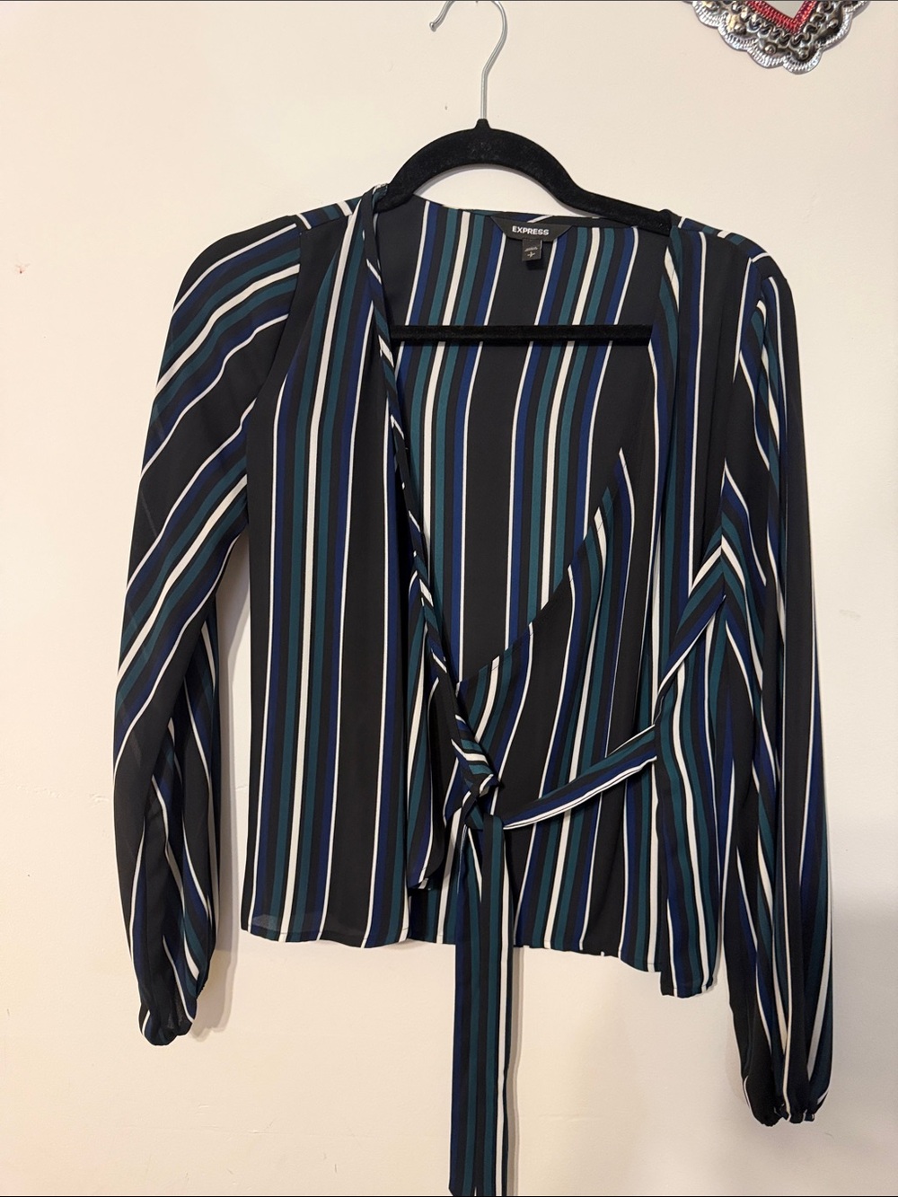 Express Women's Black Wrap Blouse with Blue & Teal Stripes